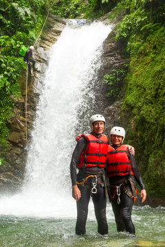 Senior Ziplining Seniors Couple Posing During A Canyoning Trip Senior Ziplining Happy Hug Sport Zipline Courage Love Canyon Tourist Water Team Vacation Nature Outdoor Waterfall Adventure Pair Activit