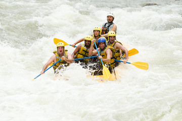 A group of extreme sports enthusiasts navigate a wild whitewater river on a white raft, guided by an experienced team in the midst of nature. - obrazy, fototapety, plakaty