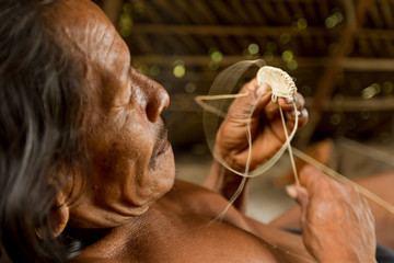 Discover exquisite Amazonian indigenous Huaorani weaving,showcasing intricate designs inspired by the face,within the enchanting Waorani Reserve of Yasuni National Park,Ecuador.