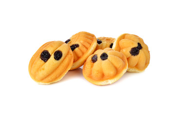 castella or egg cakes with raisin on white background
