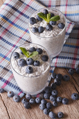 Yogurt with chia seeds and blueberries close-up. vertical
