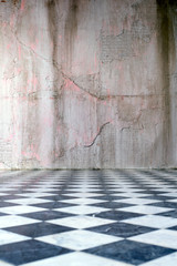Grey concrete wall with tile floor. background, Copy space