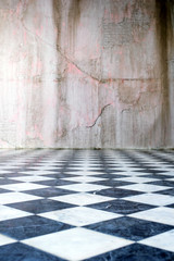 Grey concrete wall with tile floor. background, Copy space