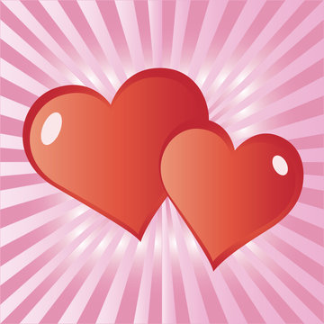 Two red loving hearts on radiant pink background Valentine card.