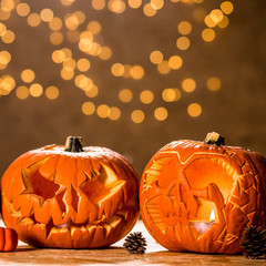 Three Halloween pumpkin lanterns