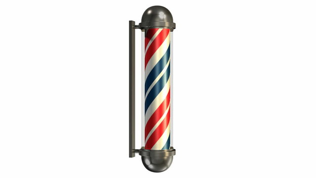 A static view of a rotating regular vintage barbers pole in chrome blue white and red on an isolated background