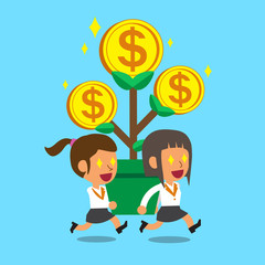 Cartoon businesswomen carrying big money tree