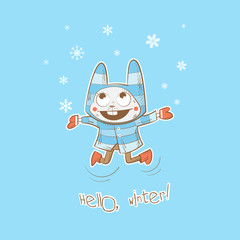 Vector winter card with cartoon rabbit and snowflakes.