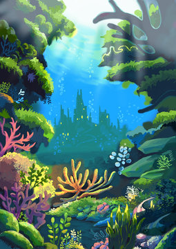 Illustration: The Sea where the Little Mermaids'  Father live. Realistic Style. Scene / Wallpaper / Background Design.
