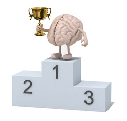 Brain with winner cup on sports victory podium