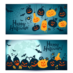 Halloween background of cheerful pumpkins with moon. Banners set
