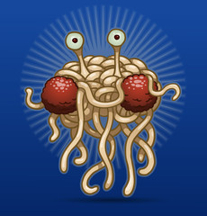 Vector flying spaghetti monster. Color image of a flying funny monster made ​​of spaghetti and meatballs on a blue background.