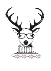 Naklejka premium Hipster jeleń w okularach i swetrze