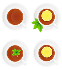 porcelain cup of tea with lemon and mint top view vector illustr