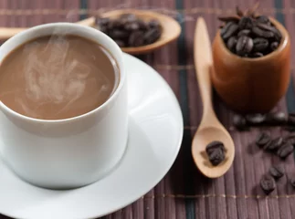 Fotobehang cup of coffee and Wooden Spoon on wood table © showcake