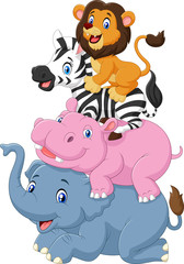 Cartoon funny animal standing on top of each other