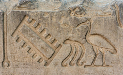 Egyptian hieroglyphics on the stone wall 