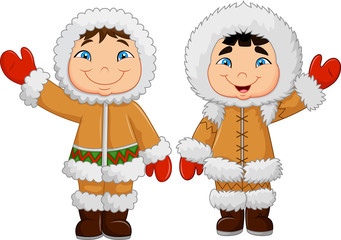 Cartoon happy Eskimo kids waving hand - obrazy, fototapety, plakaty
