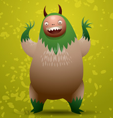 Vector hairy monster with green mane. Image of a hairy monster with green mane, horns, two paws and two eyes on a green background as the foliage and grass.