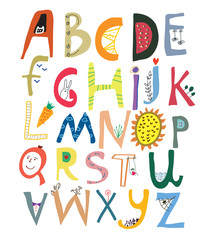 Funny alphabet for kids with faces, vegetables, flowers and anim - 94132217