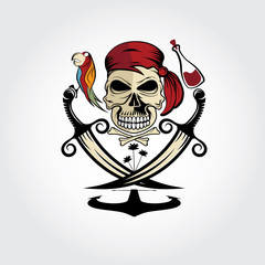 Naklejka premium pirate skull with parrot,rum,anchor and palms