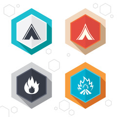 Tourist camping tent signs. Fire flame icons.