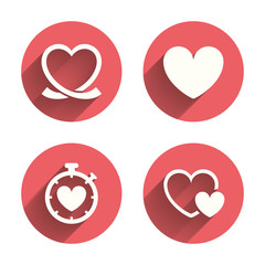 Heart ribbon icon. Timer stopwatch symbol.