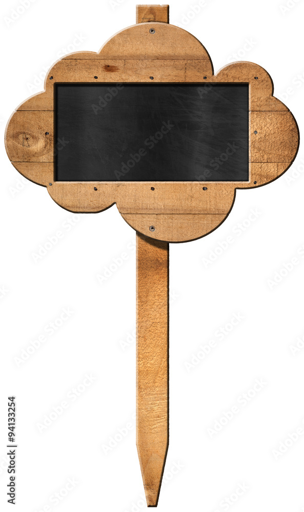 Poster blackboard cloud shaped - wooden sign with pole / empty blackboard with wooden frame in the shape of