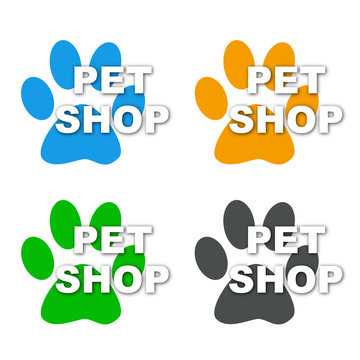 Icono plano texto PET SHOP con sombra en huellas de gatos
