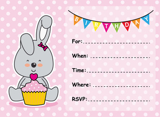 Invitation Card Birthday girl. rabbit with a cupcake. space for text