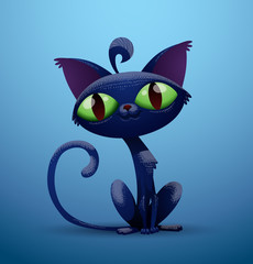 Vector cute cat sitting right. Image of a cute cat bright blue color sitting right on a blue background.