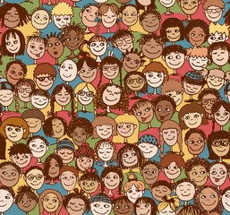 Fototapeta premium Kinder - Handgezeichnetes Hintergrundmuster mit vielen bunten Kinderköpfen
