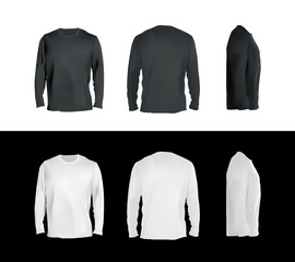 Long sleeved t-shirt templates collection, front, back, side view. Black and white colors blank shirts, vector eps10 realistic illustration.