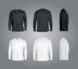 Long sleeved t-shirt templates collection, front, back, side view. Black and white colors blank shirts, vector eps10 realistic illustration. - obrazy, fototapety, plakaty