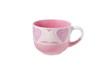Pink mug with a heart pattern.