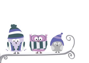 cute little cartoon owls / birds family on the tree branch in winter, on white background