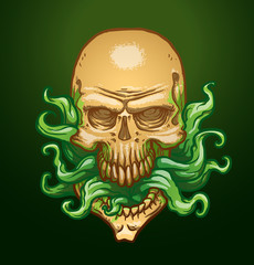 Vector Necromancer skull. Image Necromatic skull beige color with green tongues of smoke from his mouth on a bright green background.