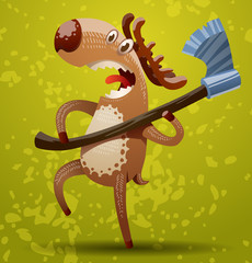 Obraz premium Vector funny deer with an axe. Image of a funny cartoon deer brown color with horns standing with an axe on a green background of foliage and grass.