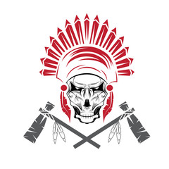 Native American chief skull in tribal headdress with tomahawks