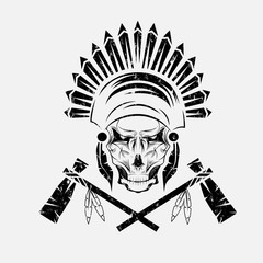 Native American chief skull in tribal headdress with tomahawks