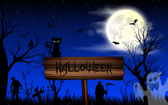 Halloween night wallpaper with zombies, cat and full moon