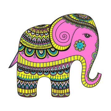 Indian elephant. Hand drawn doodle indian elephant with tribal ornament. Vector ethnic elephant. Bright colors - pink, yellow, blue and white.