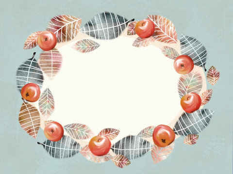 Illustration of a wreath-frame made of leaves and red ripe and juicy apples. Template for invitations, birthday cards, postcard, save the date cards and other design with place for your text.