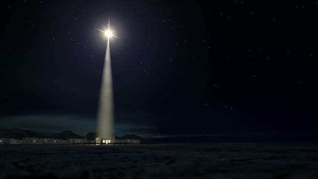 A slow zoom towards a depiction of the nativity scene of christs birth in bethlehem with the isolated run down stable being lit by a bright star