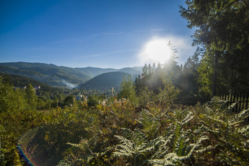 Mountain landscape in the early morning sky with clouds