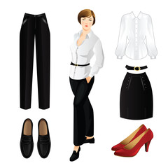 Woman in black pants and white blouse with gold button. Girl in loafers shoes. Set of clothes for everyday and for office. Classic woman red shoes on high heel