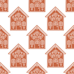 Gingerbread houses. Seamless pattern with gingerbread house. Cute christmas background. Brown colors. - 94139038