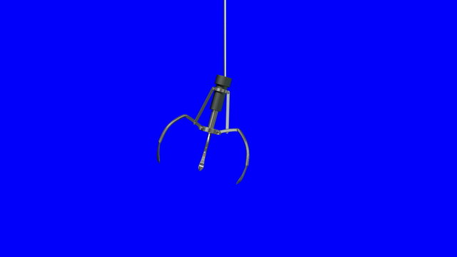 An arcade type robotic claw swinging across the camera and dipping down to pick something up on a blue screen background