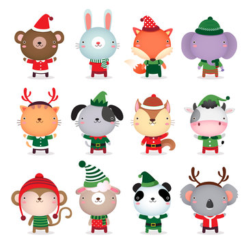 Collection of cute animals design with Christmas and winter them