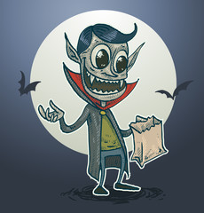 Vector vampire. Cartoon image of a vampire in a black cloak and with a paper bag in the background of the night sky, full moon and bats. In the theme of Halloween.